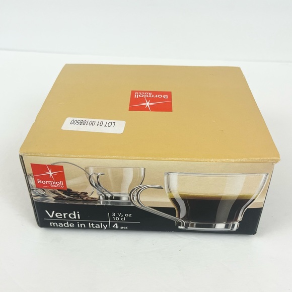 Expreso Cups Set of 4 3.5oz Cups Bormioli Rocco Brand Clear Glass Silver Handles - Picture 2 of 10